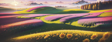 Beautiful summer landscape with sunflowers and mountains. Vector illustration.の素材