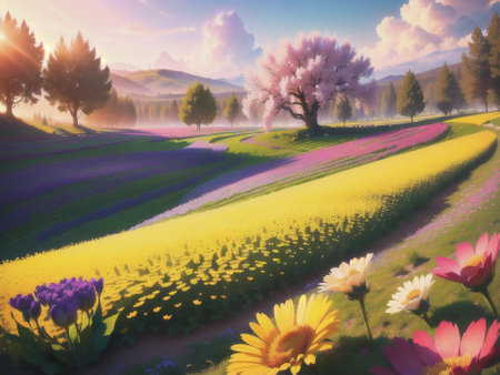 Beautiful spring landscape with blooming flowers and trees. Digital painting.の素材
