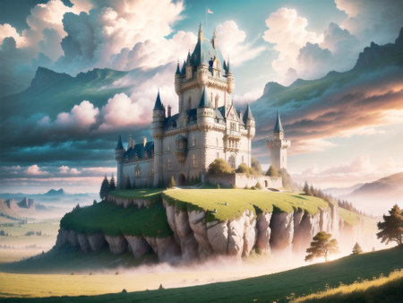Magic castle on the hill. Fairytale landscape. 3D renderingの素材