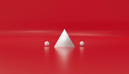 3d rendering of white pyramid with balls on a red background.の写真素材