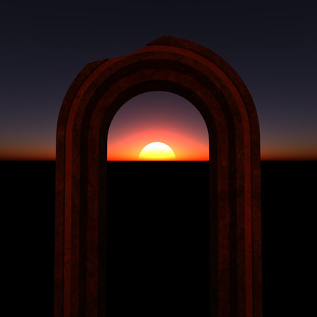 Illustration of a sunset through an arch in the desert. 3D Renderの写真素材