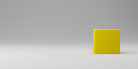 3D rendering of a yellow cube isolated on white studio background.の写真素材