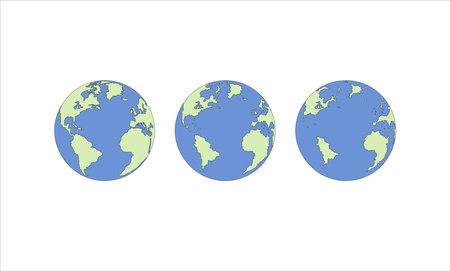 Illustration of sea level rise on planet Earth in three steps as part of climate change. Vector illustration of America, Africa, Europe and Atlantic in green and blue, white background, copy space.のイラスト素材