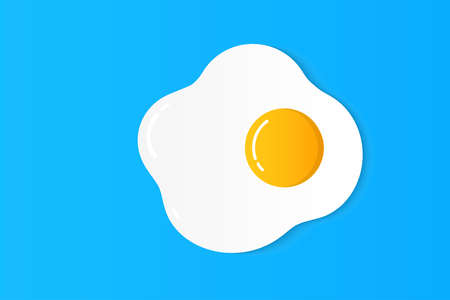 Fried egg illustration. Bright yellow egg yolks on top of egg white against blue rectangular background. Unusual fried egg art. Food icon. Top view.の写真素材