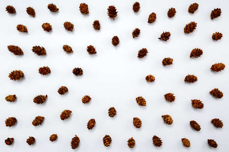 Autumn, winter or Christmas composition: Natural frame made of  pine cones. Table top view, flat lay, copy space.の写真素材