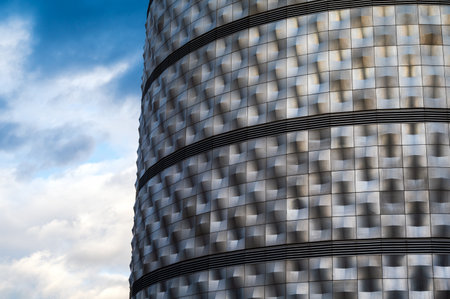 Sunlight reflects in an aluminum facade in Leipzig (German: BlechbÃ¼chse)の写真素材