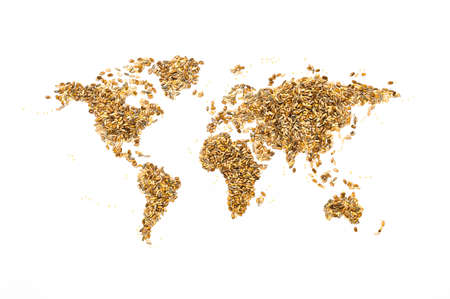 World map made of grain, rye, wheat, oat, barley, millet and spelt. Global world food, zero hunger or agriculture concept.の写真素材