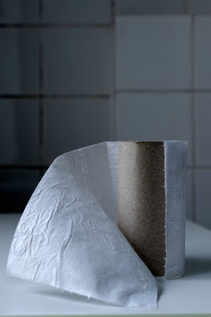 The last sheet of toilet paper on the roll in a bathroomの写真素材
