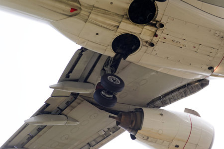 The underside of a modern airplane and its landing gear