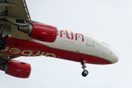20th of June 2017 Berlin, Germany: The underside of a modern airplane and its landing gear fron the airline Airberlin. Landing at the airport Berlin-Tegelのeditorial素材