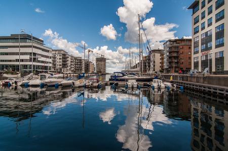 Reflections in the water at Dockan Marina, Swedenのeditorial素材