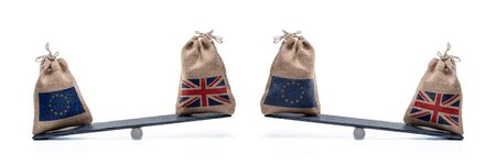 Concept to visualize the status of BREXIT negotiations of the UK and the EU isolated on white backgroundの写真素材