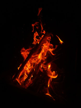 Flames of a campfire on a black background, close-up