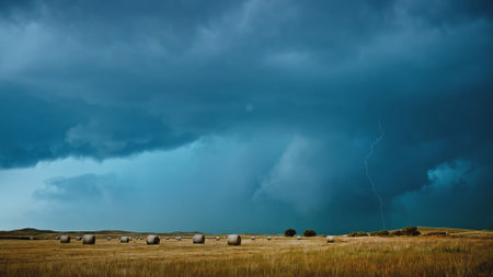 Stormy sky over wheat field with hay bales and thunderstormの写真素材