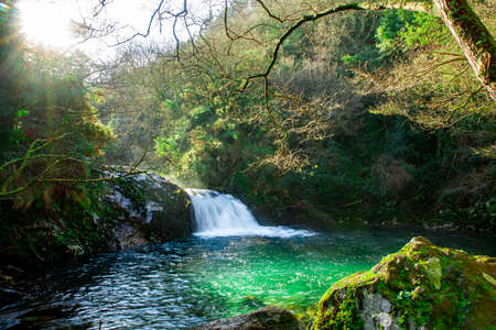 A river ends in a small waterfall where is a beautiful lakeの写真素材