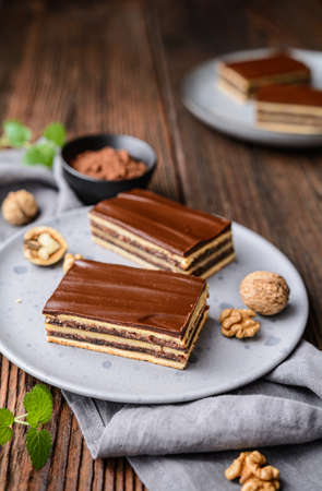 Delicious cocoa and walnut cake with plum jam, topped with chocolate frostingの写真素材