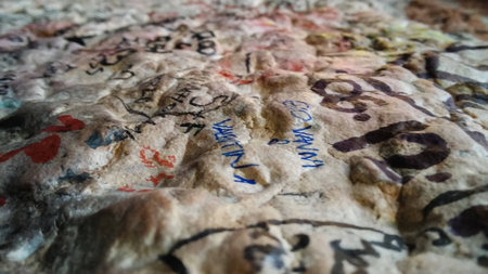 Close-up of a piece of fabric with the names of the cities on it