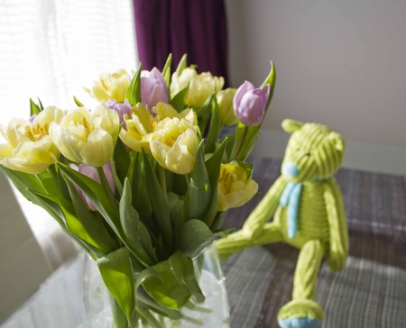 Tulips bouquet and teddybearの写真素材