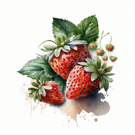 Watercolor illustration of fresh strawberries with leaves and watercolor blotsの素材