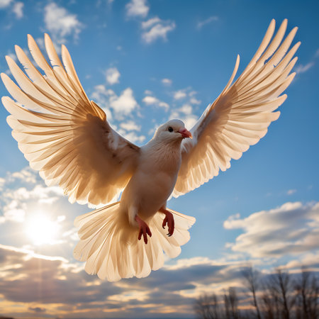 Illustration of a white pigeon in the skyの素材