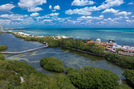 Drone view of Cancun Hotel Zone, Mexicoの写真素材