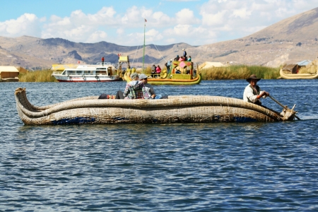 Traditional uros boat, in uros island, Puno, Peru  Peruvian andesのeditorial素材