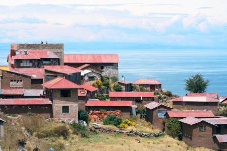 Taquile island houses and Titicaca lakeの写真素材