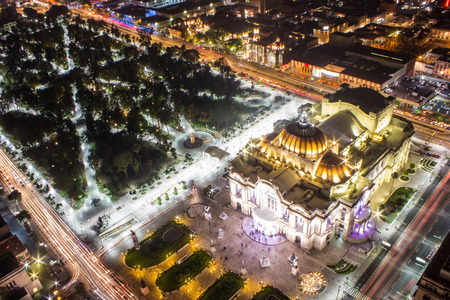 Aerial view of Mexico City, light trails and Bellas Artesのeditorial素材