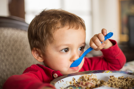 Little boy child eating brown rice and quinoa.の写真素材