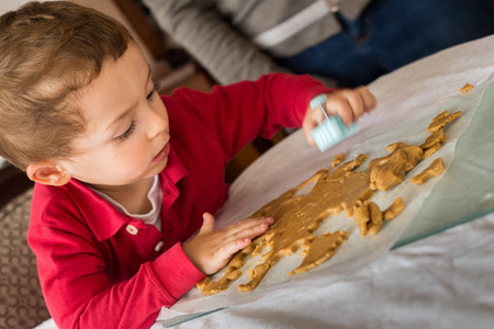 Little boy child baby, baking making cookies.の写真素材