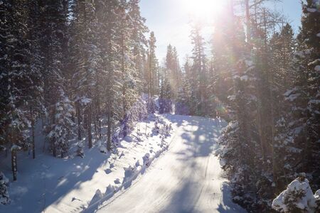 View at the ski slopes piste in the mountains of Angel Fire, New Mexico.