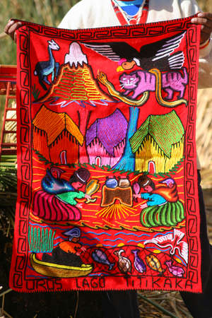Colorful crafts textiles in local market of puno, Peru.