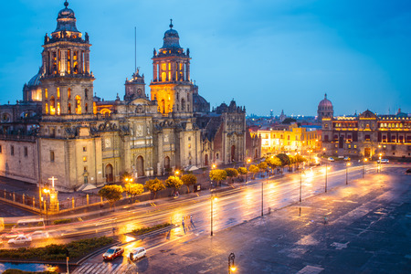 Metropolitan Cathedral and President's Palace in Zocalo, Center of Mexico City Mexico Sunrise night.のeditorial素材