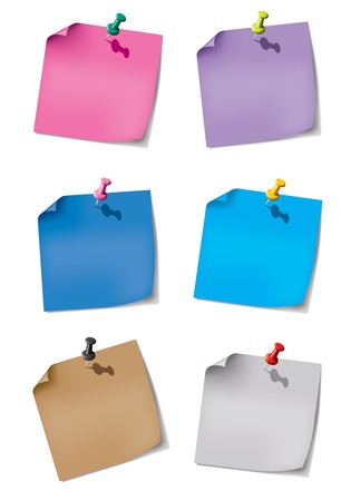 Colorful paper for the reminder and pin stripes on a white background with gray shadows.のイラスト素材