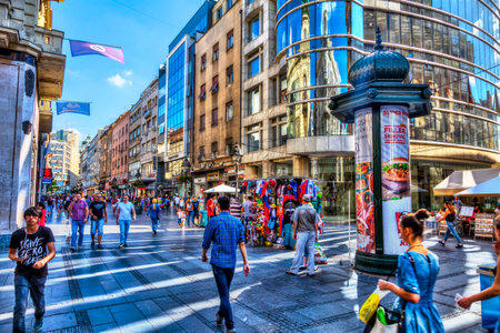 SERBIA, BELGRADE - JULY 26: Knez Mihajlova Street on July 26, 2017 in Belgrade. Gallery Progres, shops, street stalls and people, HDR Image.のeditorial素材