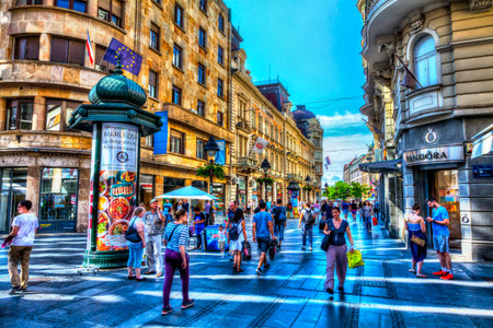 SERBIA, BELGRADE - JULY 26: French Reading Room on July 26, 2017 in Belgrade. Kneza Mihajla Street, French Reading Room, shops and people, HDR Image.のeditorial素材