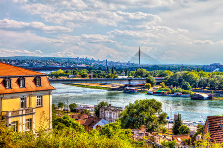 SERBIA, BELGRADE - JULY 26: Bridges of Belgrade from the Kalemegdan Fortress on July 26, 2017 in Belgrade. Sava River, bridges and a view of Belgrade, HDR Image.のeditorial素材