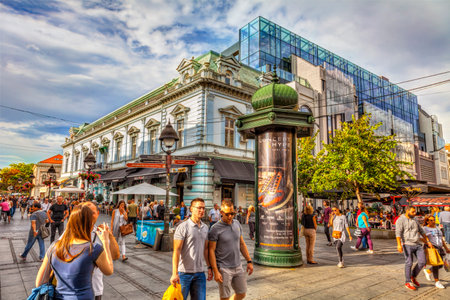 SERBIA, BELGRADE â SEPTEMBER 19: End of Knez Mihajlova Street on September 19, 2017 in Belgrade. Restaurant Snezana, shops, cafes and people on the street, HDR Image.のeditorial素材