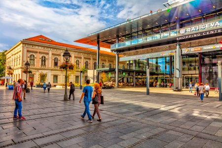SERBIA, BELGRADE â SEPTEMBER 19: Shopping center Rajiceva Street on September 19, 2017 in Belgrade. Large building of the new shopping center from Knez Mihajlo street, HDR Image.のeditorial素材