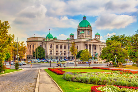 SERBIA, BELGRADE - SEPTEMBER 12: Serbian Parliament on September 12, 2017 in Belgrade. Park in front of the City Assembly and Parliament. HDR Image.のeditorial素材