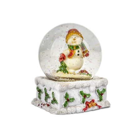 Christmas snow globe isolated on white with snowman.の写真素材