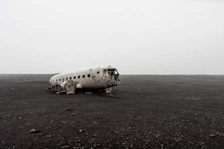 DC-D Mcdonnell Douglas solheimasandur plane wreck on black sand beach lonely flying birdのeditorial素材
