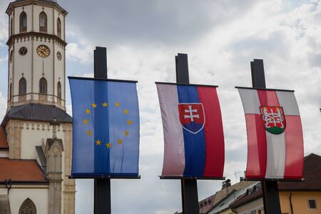 Flag of the European Union, Slovak Republic, Levoca in the historic center of Levoca, Church of St. Jacob in the backgroundの写真素材