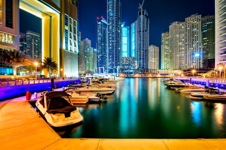 Colorful night dubai marina skyline, Dubai, United Arab Emiratesの写真素材