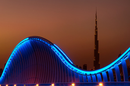 Amazing night dubai VIP bridge with beautiful sunset. Private road to Meydan race course, Dubai,...