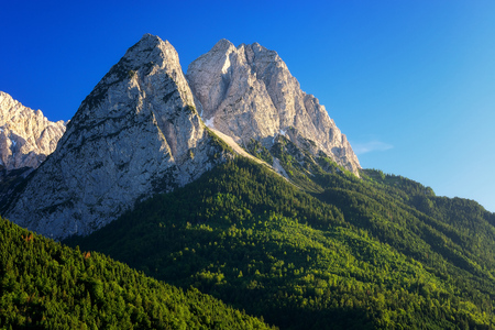 Detailed view at mountain peak Waxenstein. Summer day near Garmisch Partenkirchen. Bavaria, Germany.の写真素材