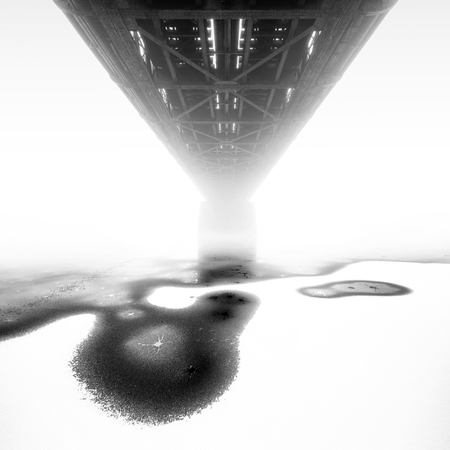 Snowy railway bridge. Typical winter season. Detail of ice cold river Vltava. Prague, Czech republicの写真素材