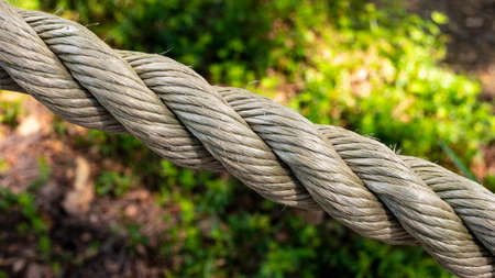 Synthetic rope crossing the image diagonally. Outdoor fitness training equipment.の写真素材