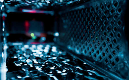 Shining steel reflexion light tunnel abstract vision. uv light fluorescence paints abstract dark...