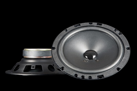 two car speakers shown from the front and sideの写真素材